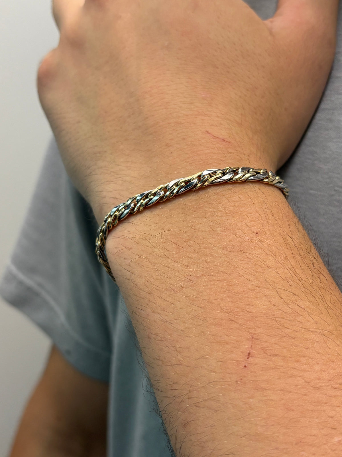 2-Tone Double-Single Cuban Link Bracelet - Hollow 10k Gold